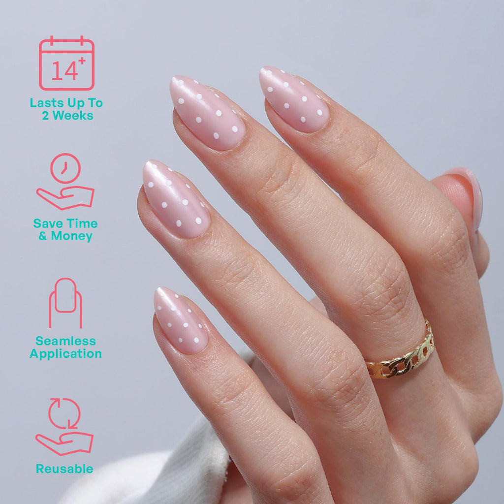 GJZEZ Polka Dot Press On Nails Short – Soft Gel Almond Nails, Iridescent Pink, Reusable 32-Piece Set