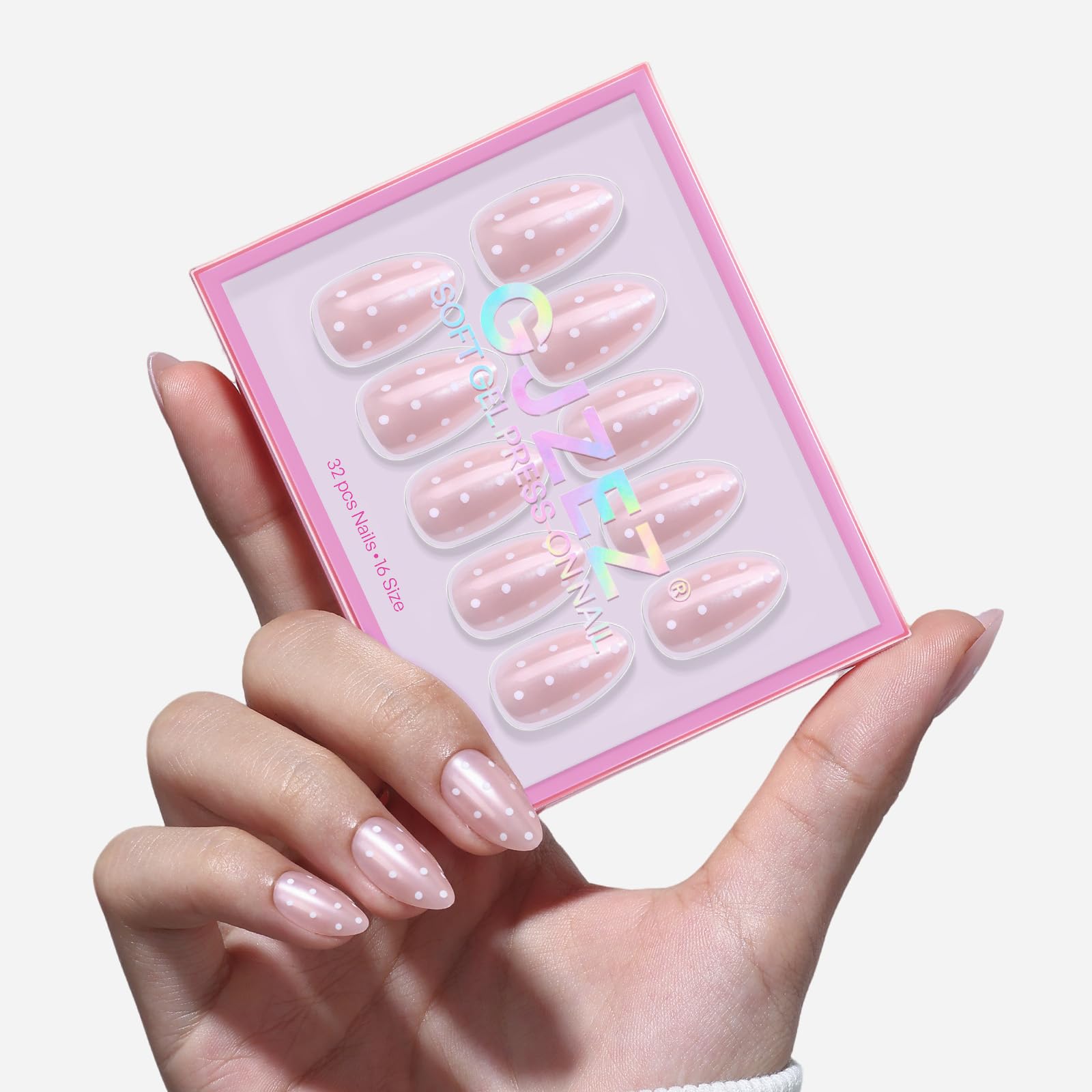 GJZEZ Polka Dot Press On Nails Short – Soft Gel Almond Nails, Iridescent Pink, Reusable 32-Piece Set