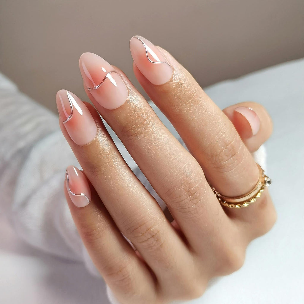 GJZEZ Almond Press On Nails Short — Soft Gel Glue On Nails with 3D Metallic Chrome Wave Design, Glossy Pink Blush, 32 Pcs, 16 Sizes, Reusable