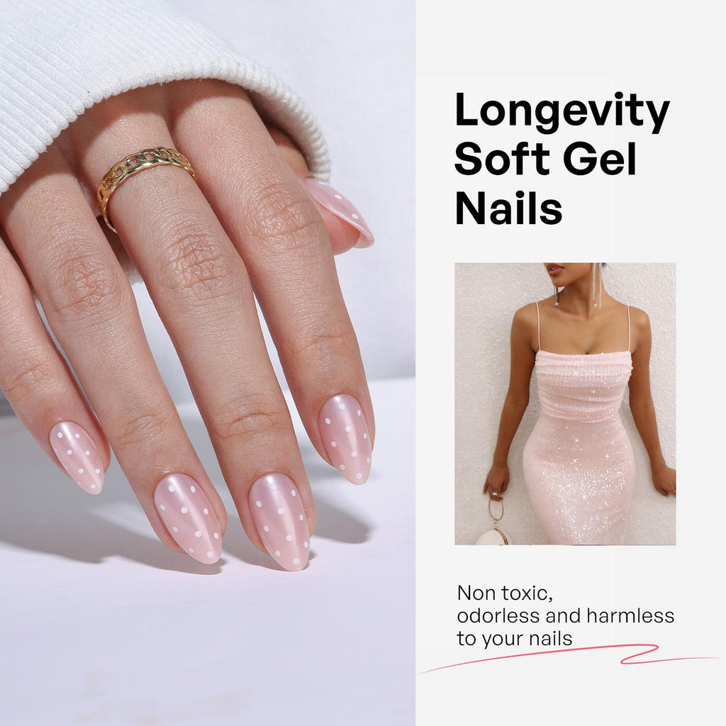 GJZEZ Polka Dot Press On Nails Short – Soft Gel Almond Nails, Iridescent Pink, Reusable 32-Piece Set