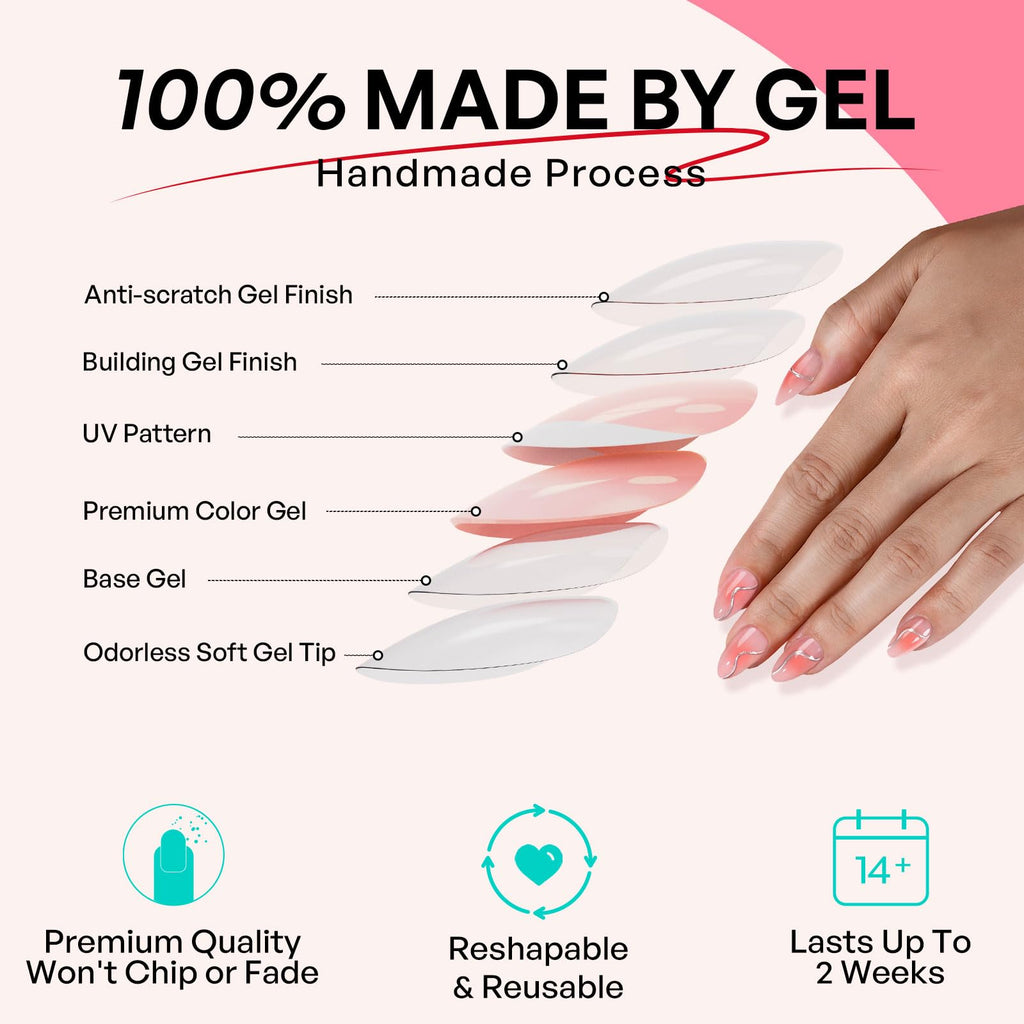 GJZEZ Almond Press On Nails Short — Soft Gel Glue On Nails with 3D Metallic Chrome Wave Design, Glossy Pink Blush, 32 Pcs, 16 Sizes, Reusable