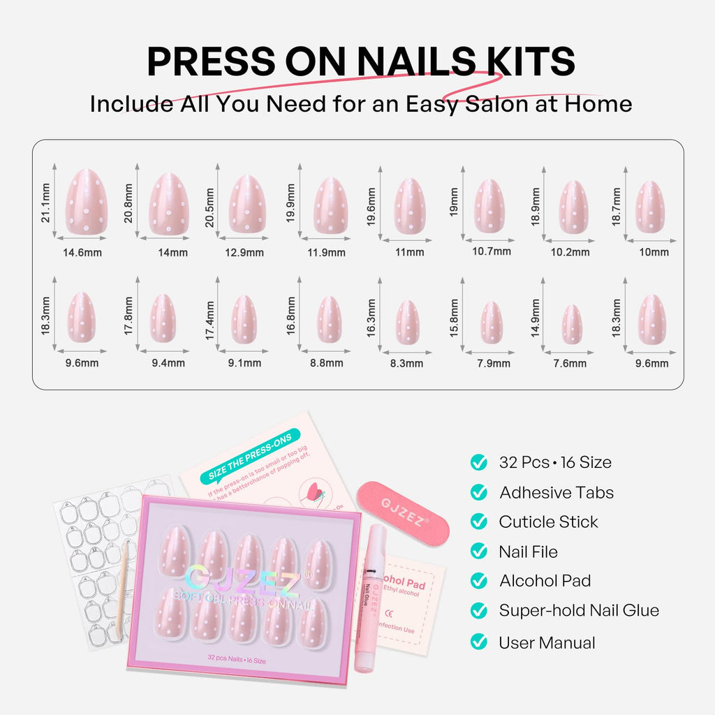 GJZEZ Polka Dot Press On Nails Short – Soft Gel Almond Nails, Iridescent Pink, Reusable 32-Piece Set