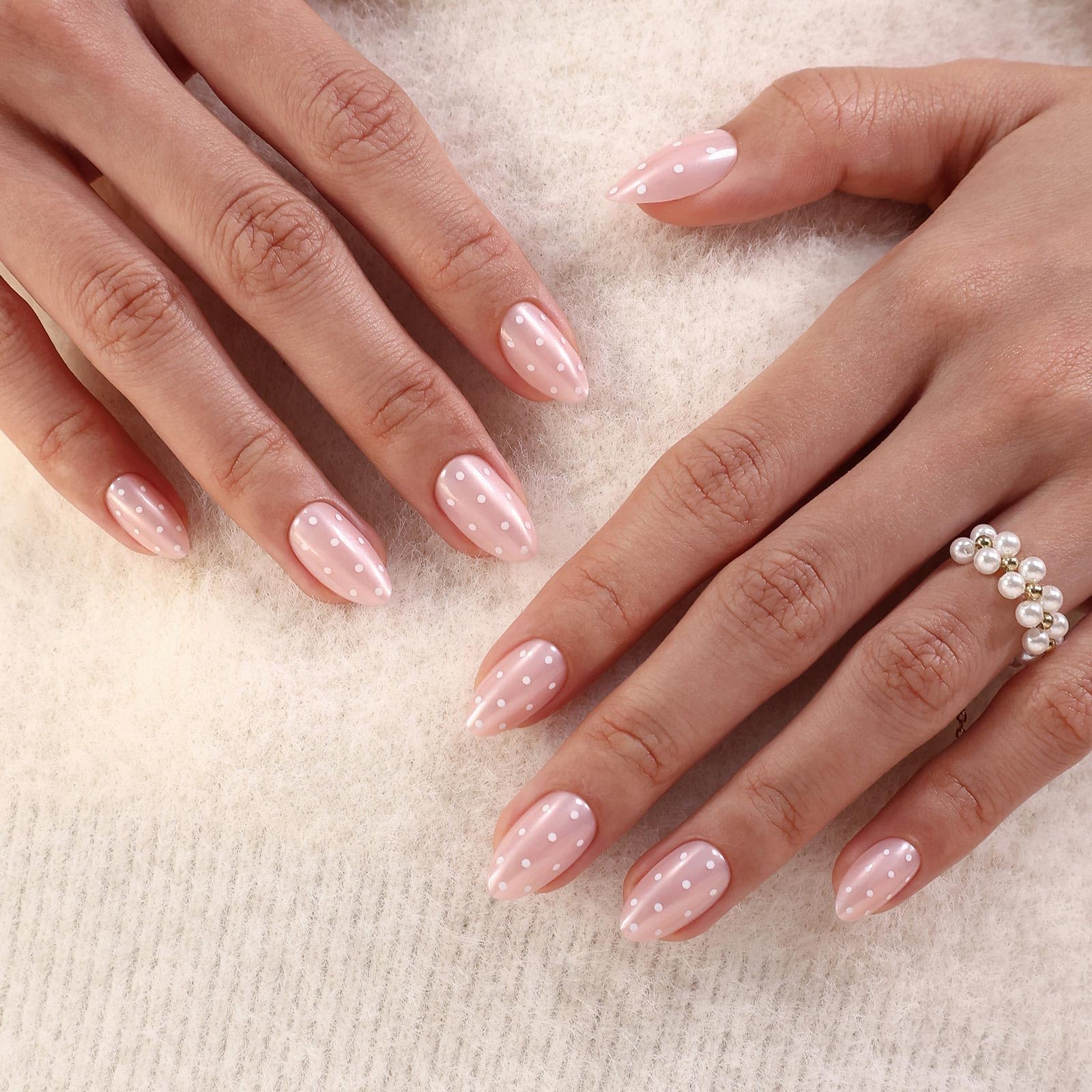 GJZEZ Polka Dot Press On Nails Short – Soft Gel Almond Nails, Iridescent Pink, Reusable 32-Piece Set
