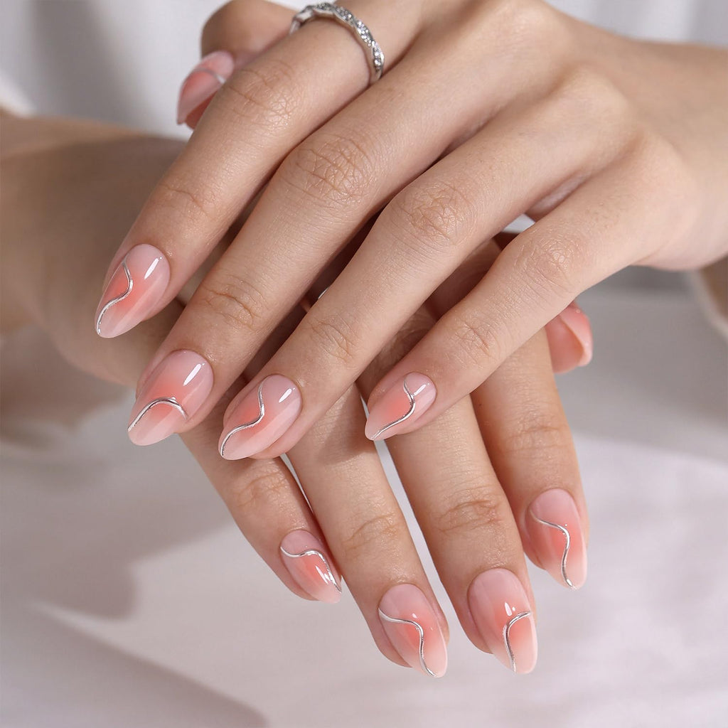 GJZEZ Almond Press On Nails Short — Soft Gel Glue On Nails with 3D Metallic Chrome Wave Design, Glossy Pink Blush, 32 Pcs, 16 Sizes, Reusable