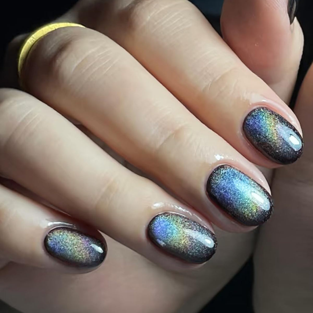 GLAMERMAID Laser Black Short Press On Nails – Aurora Cat Eyes, Extra Short Squoval Glue-On Kit