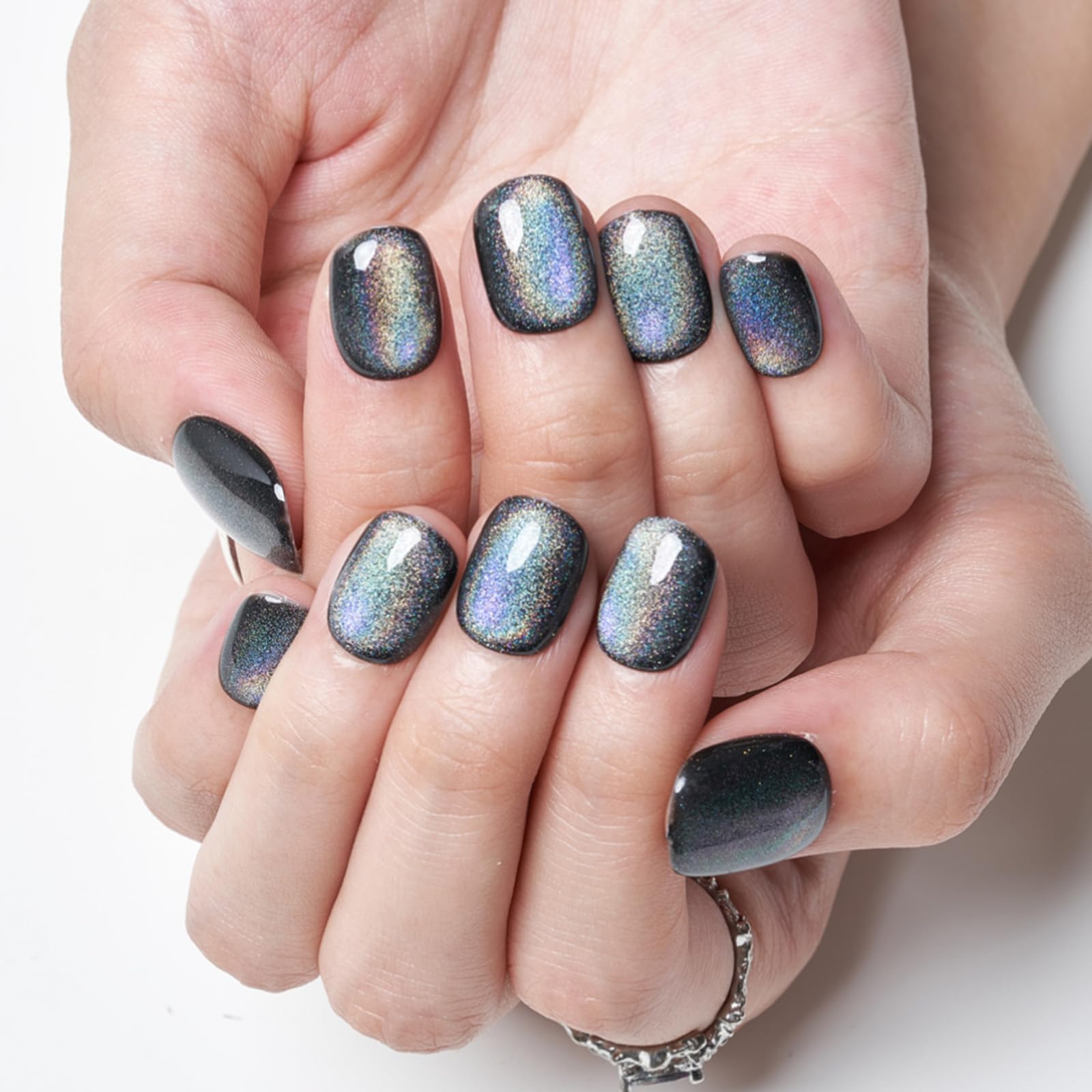 GLAMERMAID Laser Black Short Press On Nails – Aurora Cat Eyes, Extra Short Squoval Glue-On Kit