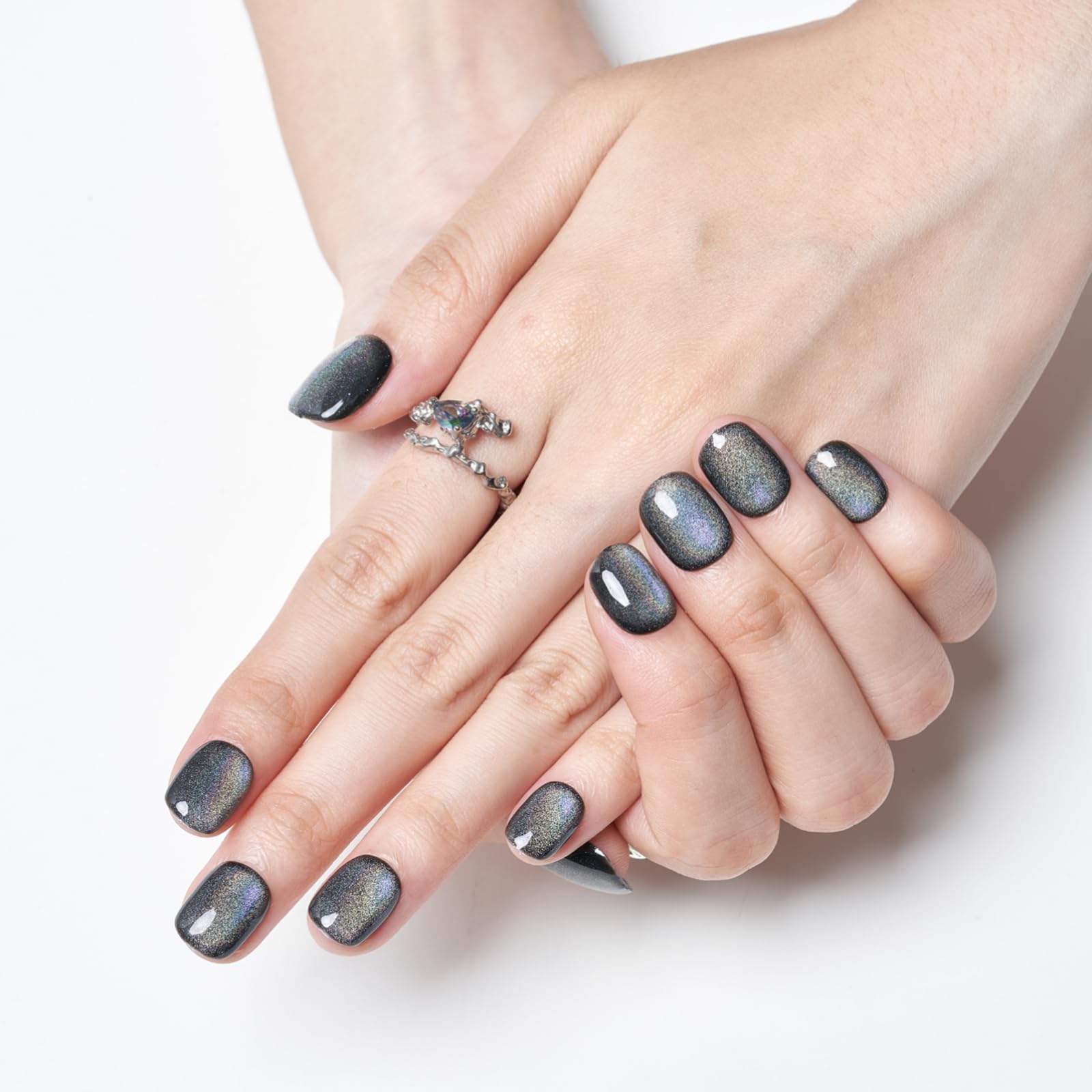 GLAMERMAID Laser Black Short Press On Nails – Aurora Cat Eyes, Extra Short Squoval Glue-On Kit