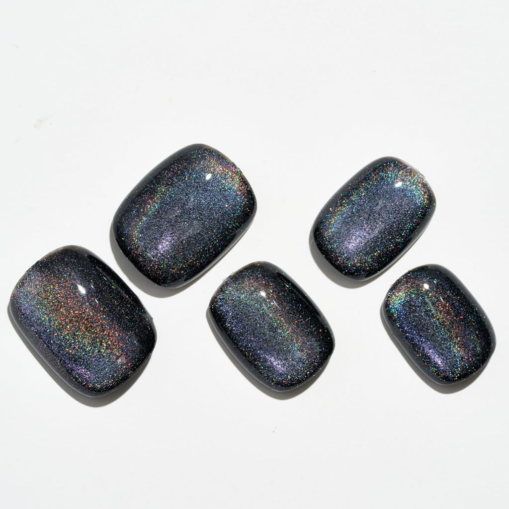 GLAMERMAID Laser Black Short Press On Nails – Aurora Cat Eyes, Extra Short Squoval Glue-On Kit