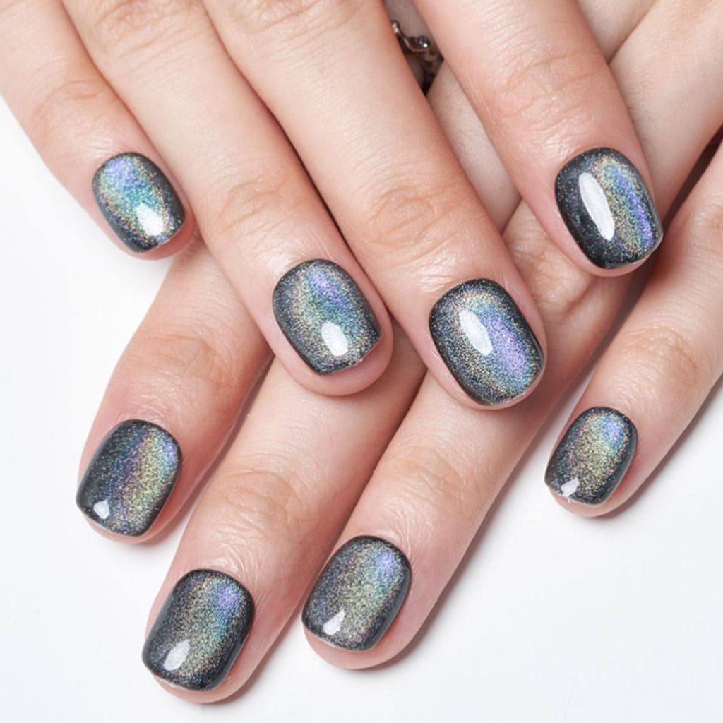 GLAMERMAID Laser Black Short Press On Nails – Aurora Cat Eyes, Extra Short Squoval Glue-On Kit