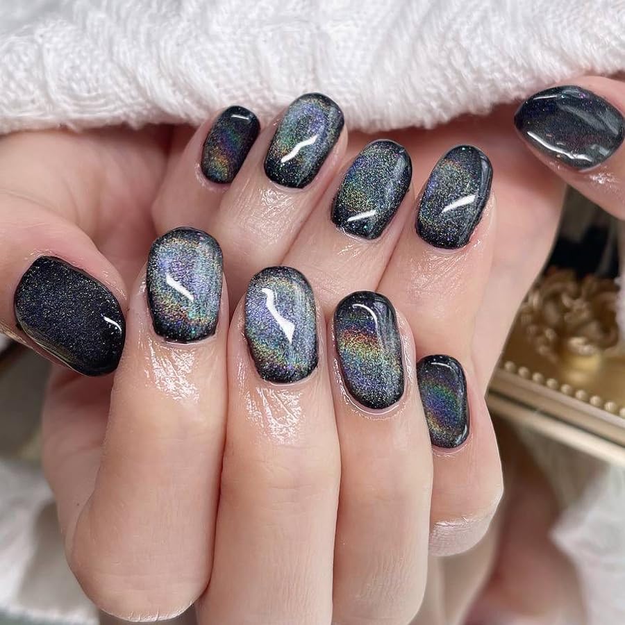 GLAMERMAID Laser Black Short Press On Nails – Aurora Cat Eyes, Extra Short Squoval Glue-On Kit