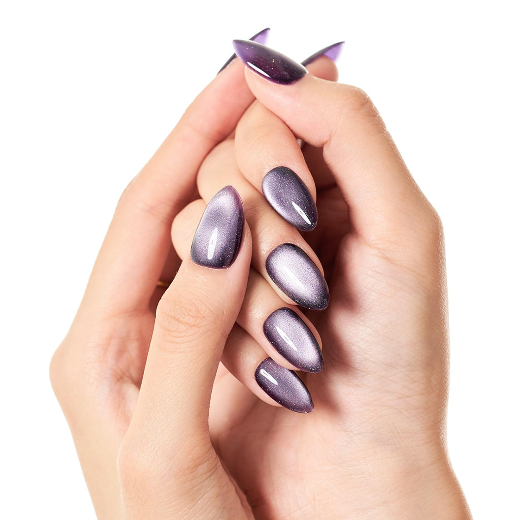 GLAMERMAID Dark Purple Magnet Cat Eyes Press On Nails – Short Almond, Black Aurora Jelly Gel Kit