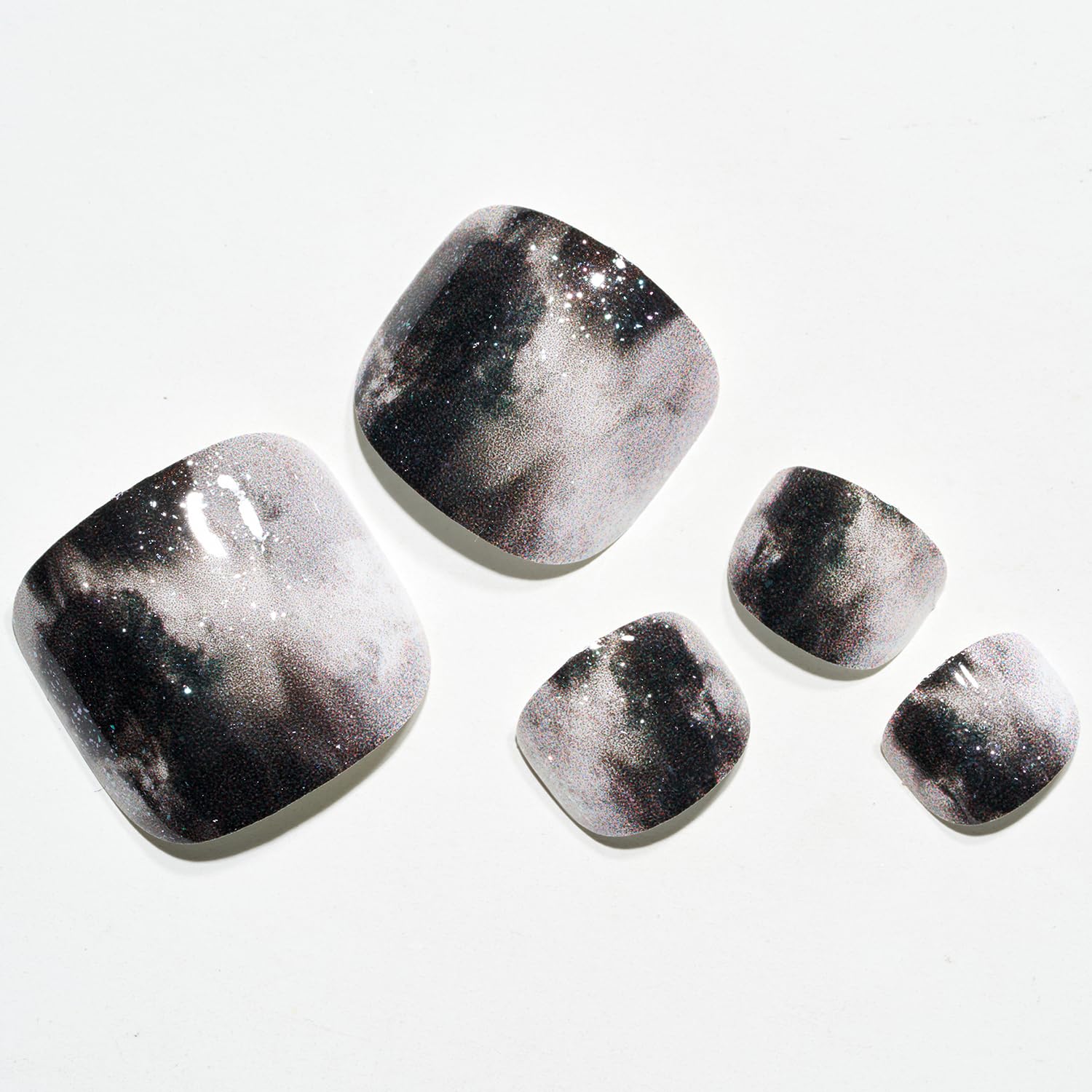 GLAMERMAID Press on Toenails – Glitter Black & White Marble Gel Finish Kit