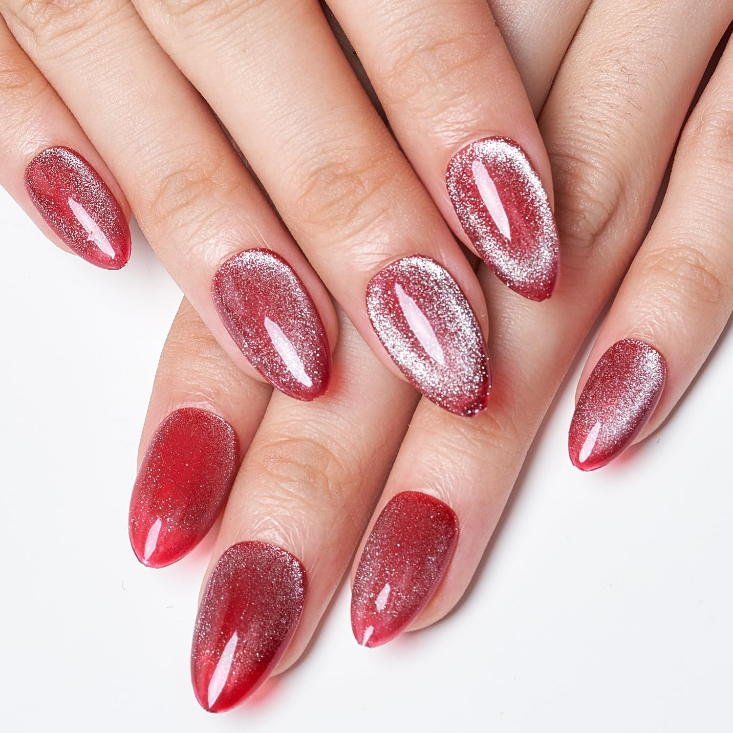 GLAMERMAID Red Magnet Cat Eyes Press-On Nails – Aurora Gel Kit, Short Almond
