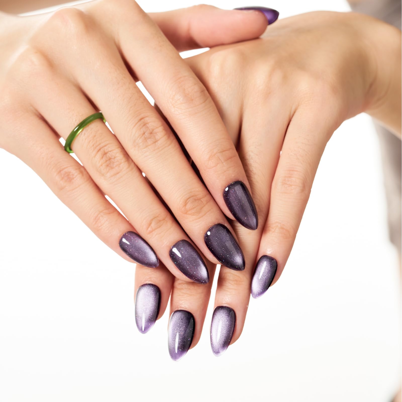 GLAMERMAID Dark Purple Magnet Cat Eyes Press On Nails – Short Almond, Black Aurora Jelly Gel Kit