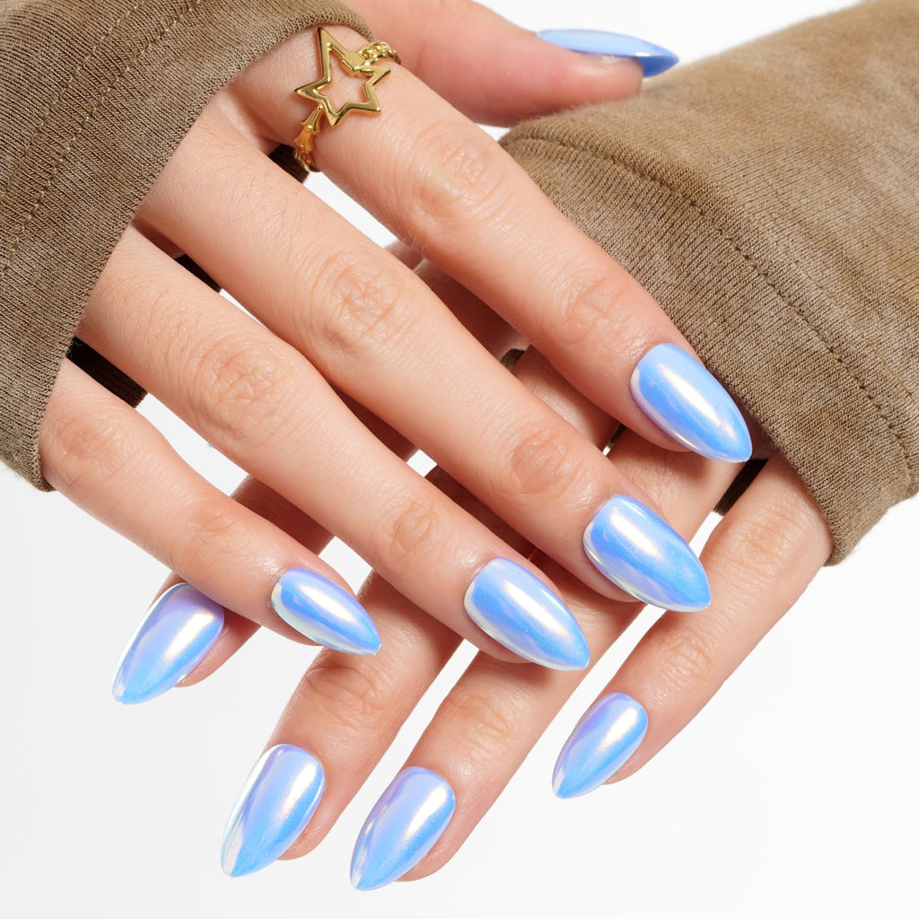 GLAMERMAID Light Blue Mirror Chrome Press-On Nails – Short Almond, Golden Donut Glazed Handmade Jelly Gel Kit