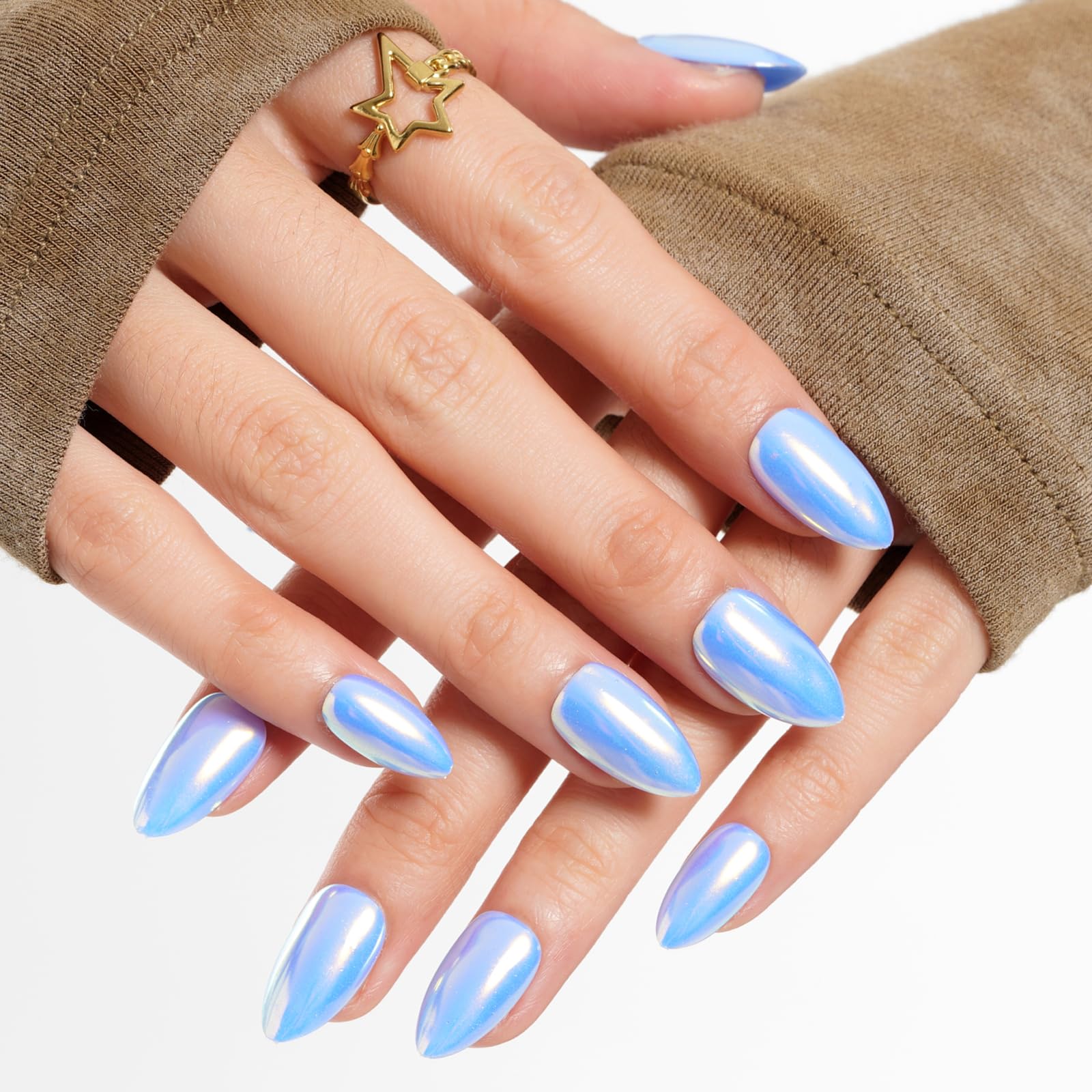 GLAMERMAID Light Blue Mirror Chrome Press-On Nails – Short Almond, Golden Donut Glazed Handmade Jelly Gel Kit
