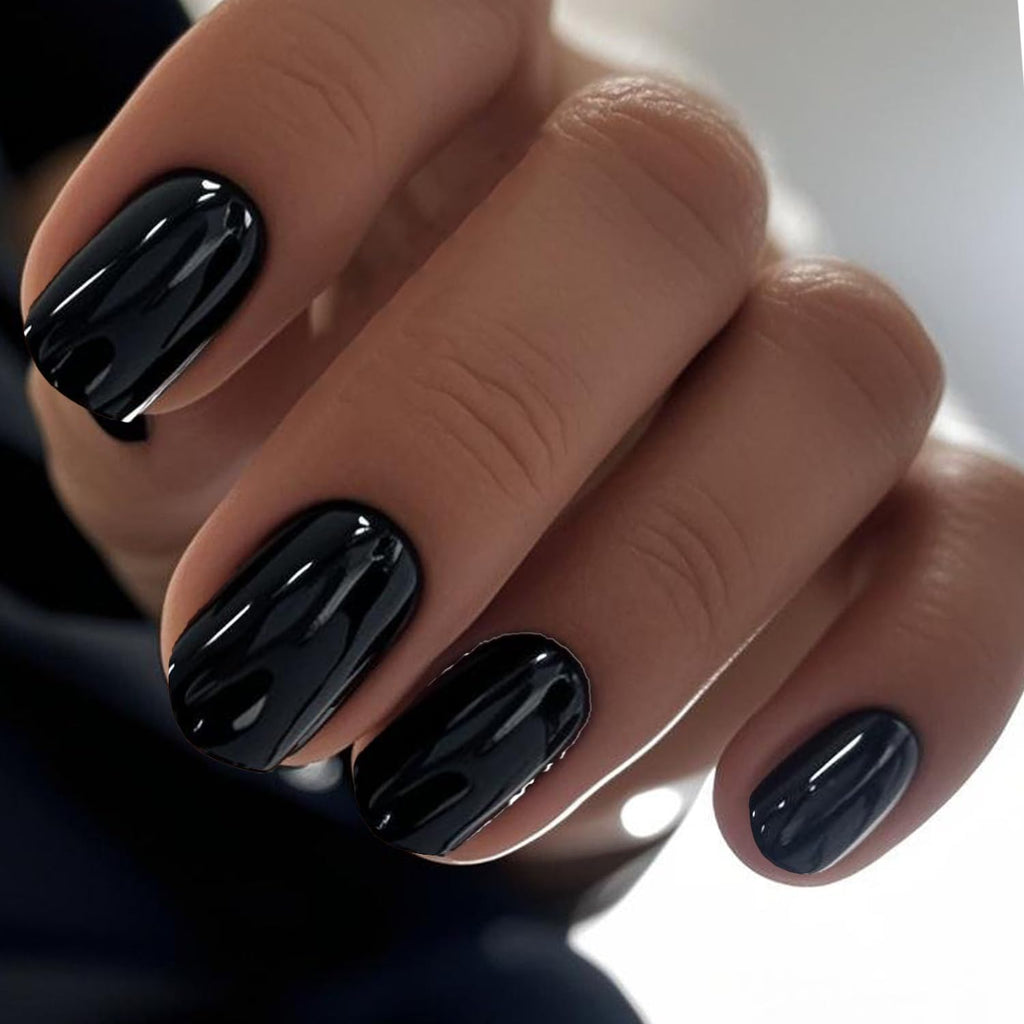 GLAMERMAID Extra Short Press On Nails – Gothic Black, Glossy UV Gel Finish, Reusable Full Cover Kit