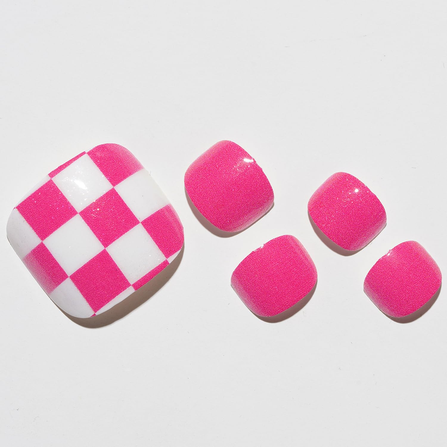 GLAMERMAID Press On Toenails – Glitter Hot Pink Plaid Gel Glue On Nails