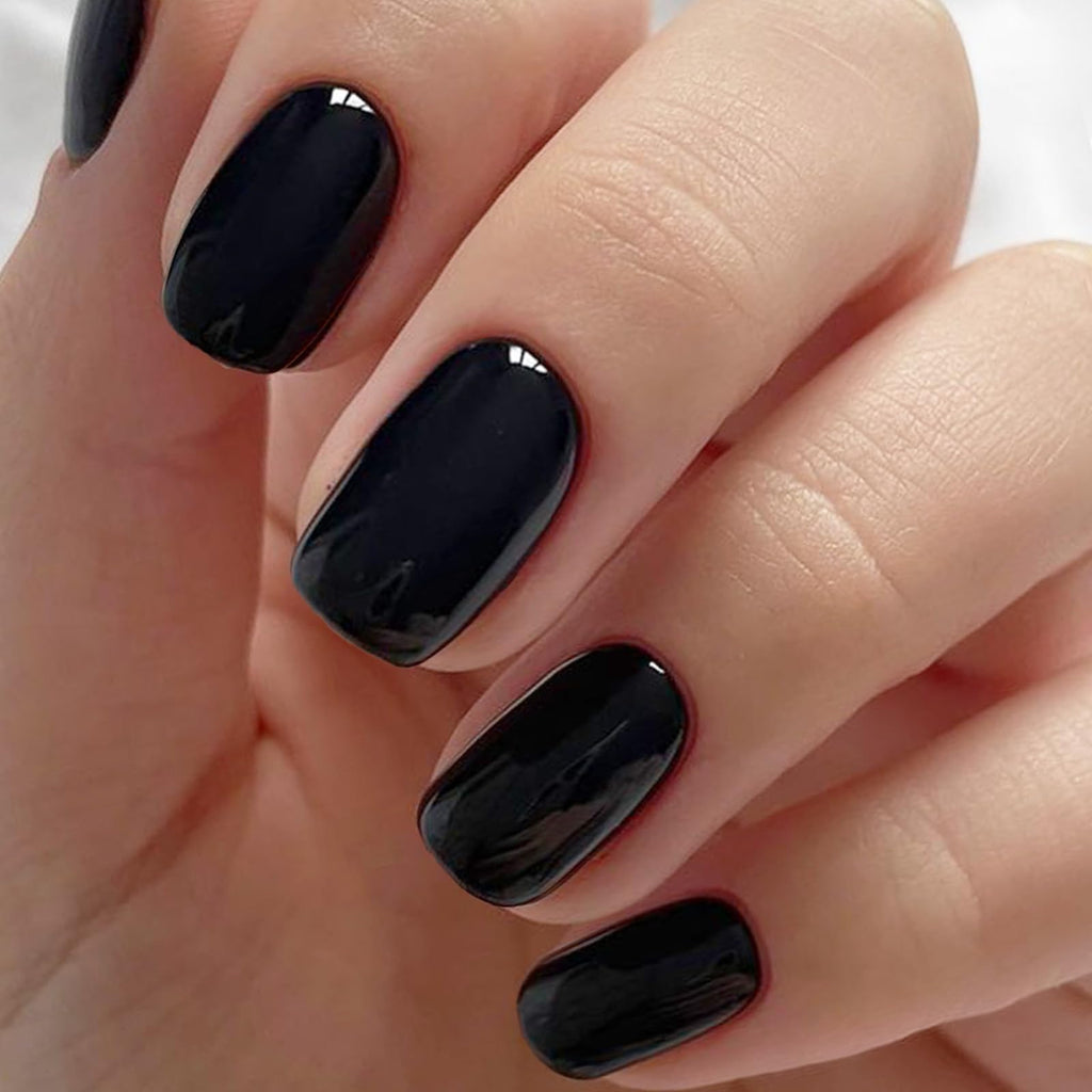 GLAMERMAID Extra Short Press On Nails – Gothic Black, Glossy UV Gel Finish, Reusable Full Cover Kit