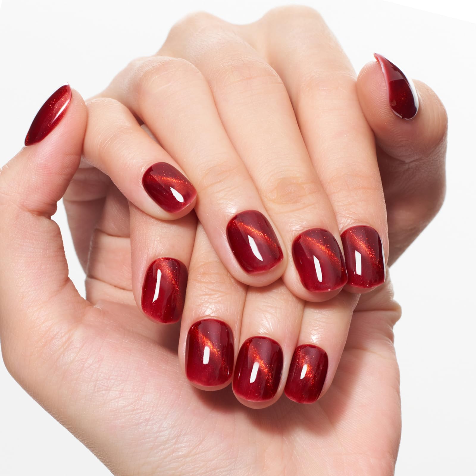 GLAMERMAID Red Cat Eyes Extra Short Press-On Nails – Cherry Burgundy