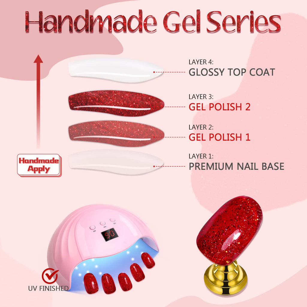 GLAMERMAID Golden Red Press-On Nails – Medium Almond Jelly Gloss Kit