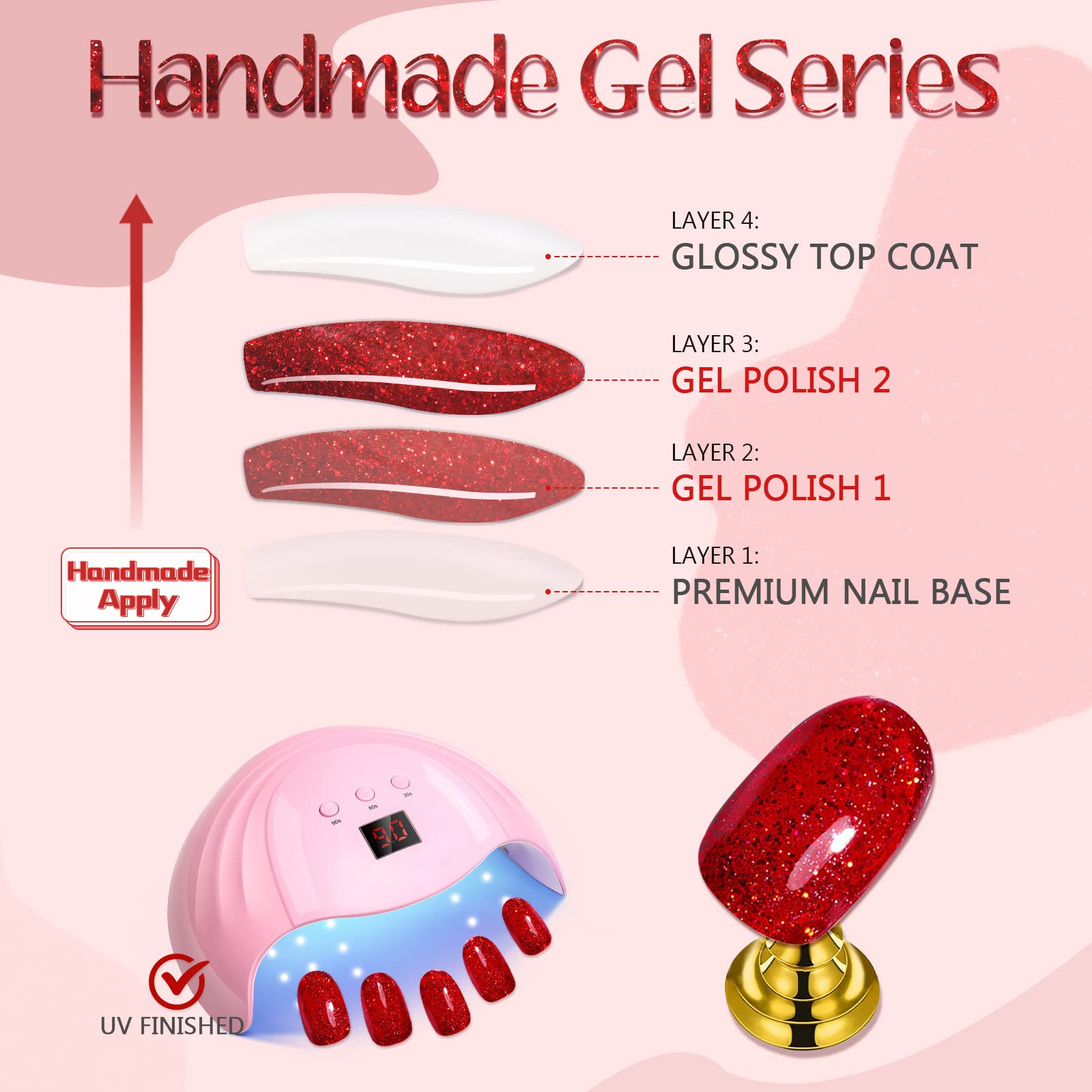 GLAMERMAID Golden Red Press-On Nails – Medium Almond Jelly Gloss Kit
