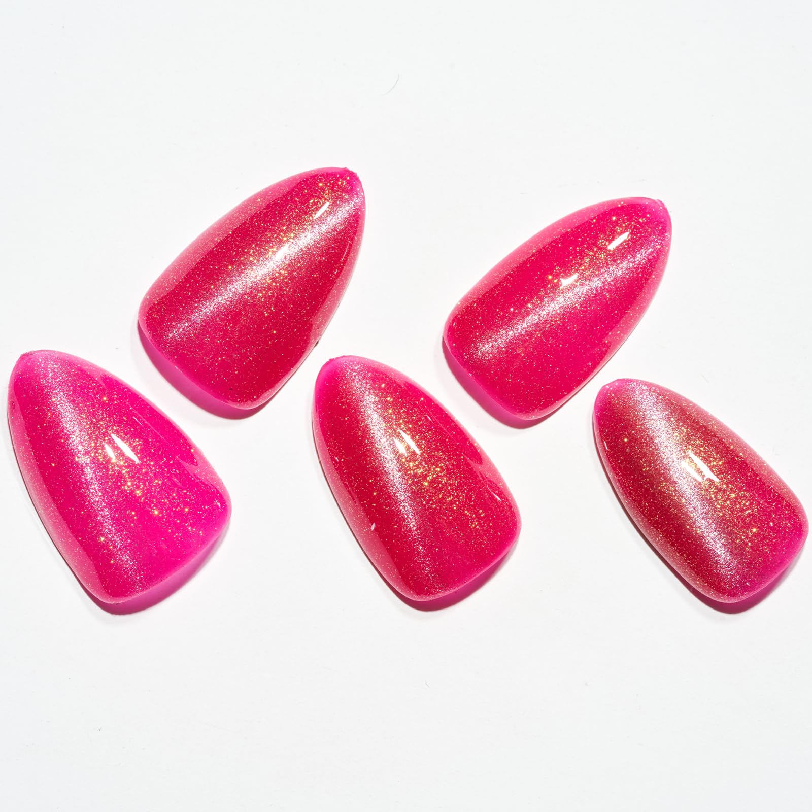 GLAMERMAID Hot Pink Magnet Cat Eyes Press-On Nails – Short Almond, Handmade Glitter Gel Kit