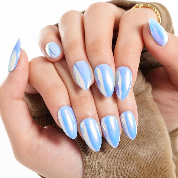 GLAMERMAID Light Blue Mirror Chrome Press-On Nails – Short Almond, Golden Donut Glazed Handmade Jelly Gel Kit