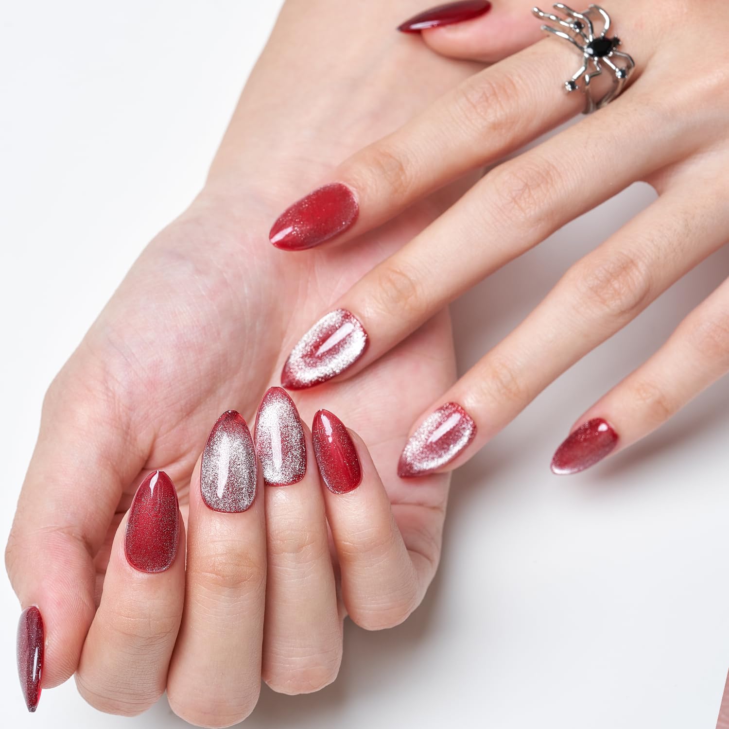 GLAMERMAID Red Magnet Cat Eyes Press-On Nails – Aurora Gel Kit, Short Almond