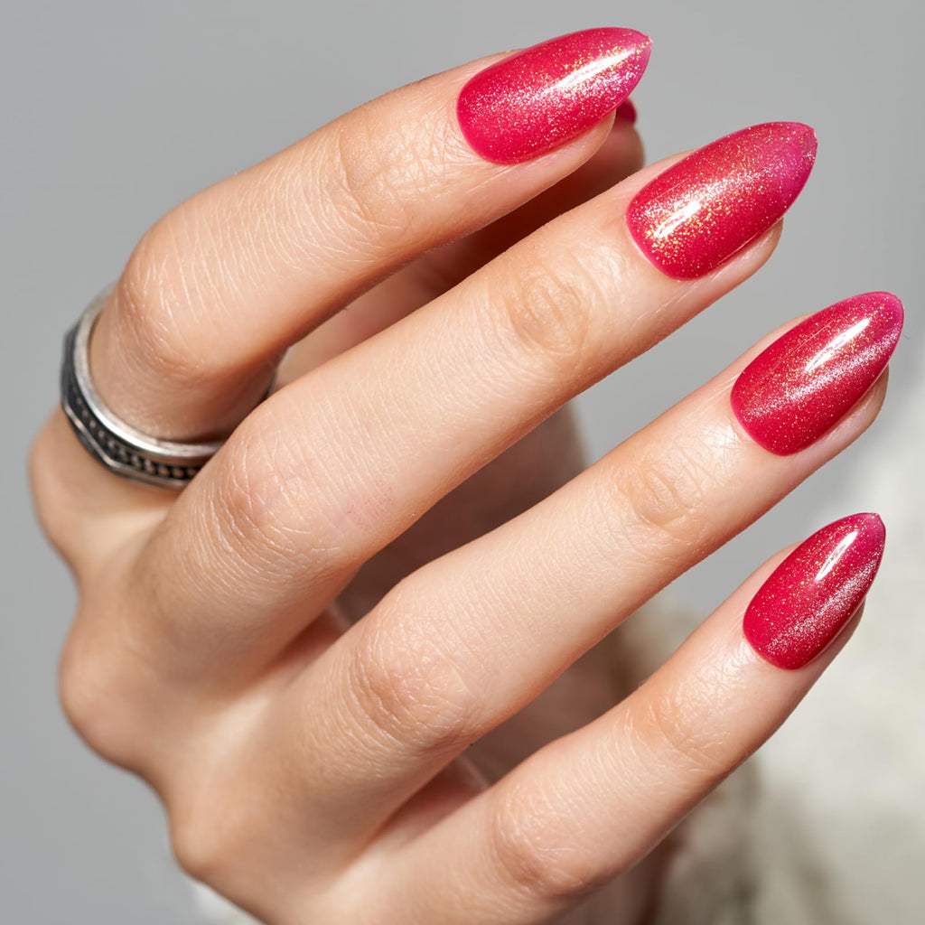 GLAMERMAID Hot Pink Magnet Cat Eyes Press-On Nails – Short Almond, Handmade Glitter Gel Kit