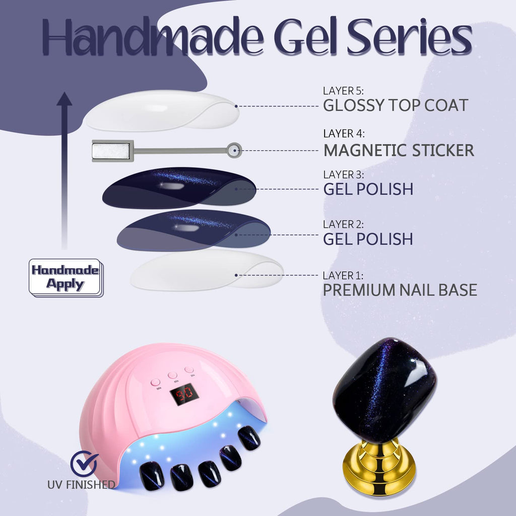 GLAMERMAID Red Magnet Cat Eyes Press-On Nails – Aurora Gel Kit, Short Almond