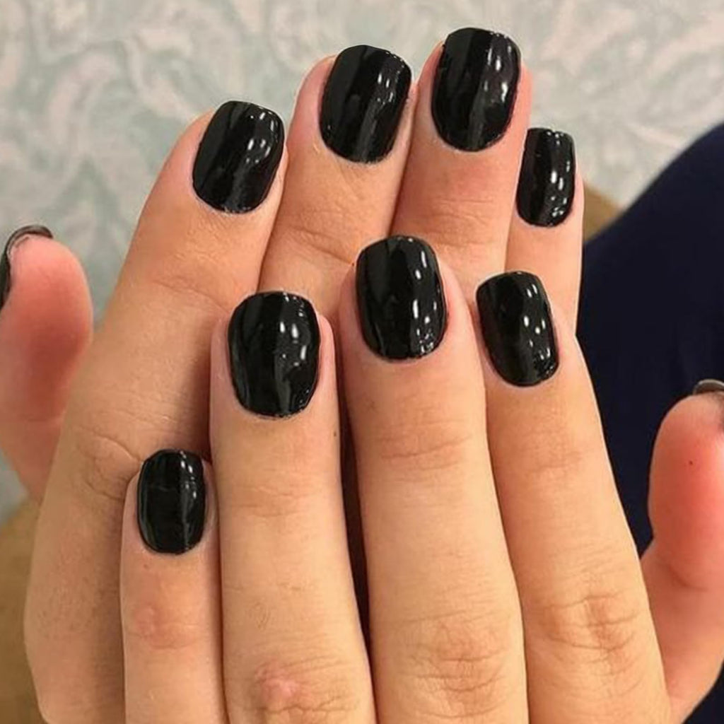 GLAMERMAID Extra Short Press On Nails – Gothic Black, Glossy UV Gel Finish, Reusable Full Cover Kit