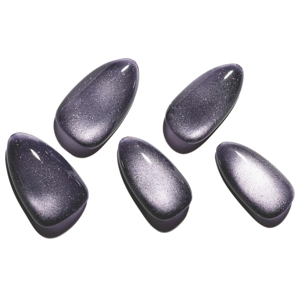 GLAMERMAID Dark Purple Magnet Cat Eyes Press On Nails – Short Almond, Black Aurora Jelly Gel Kit