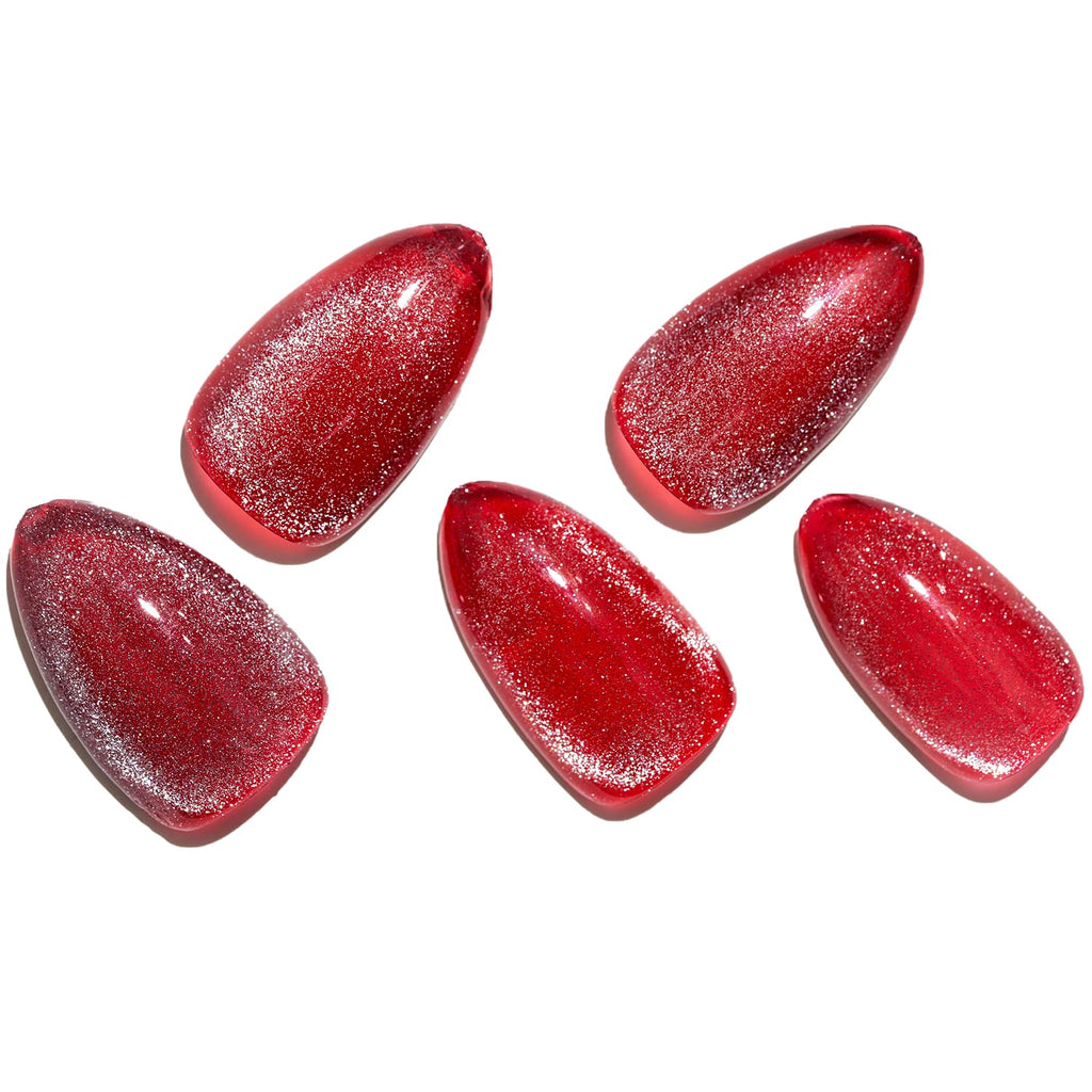 GLAMERMAID Red Magnet Cat Eyes Press-On Nails – Aurora Gel Kit, Short Almond