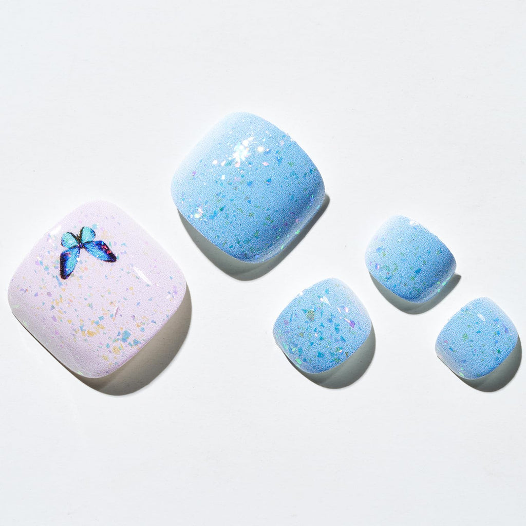 GLAMERMAID Press On Toenails – Blue Buatterfly Gel Glue, Glossy Reusable UV Finish Nails