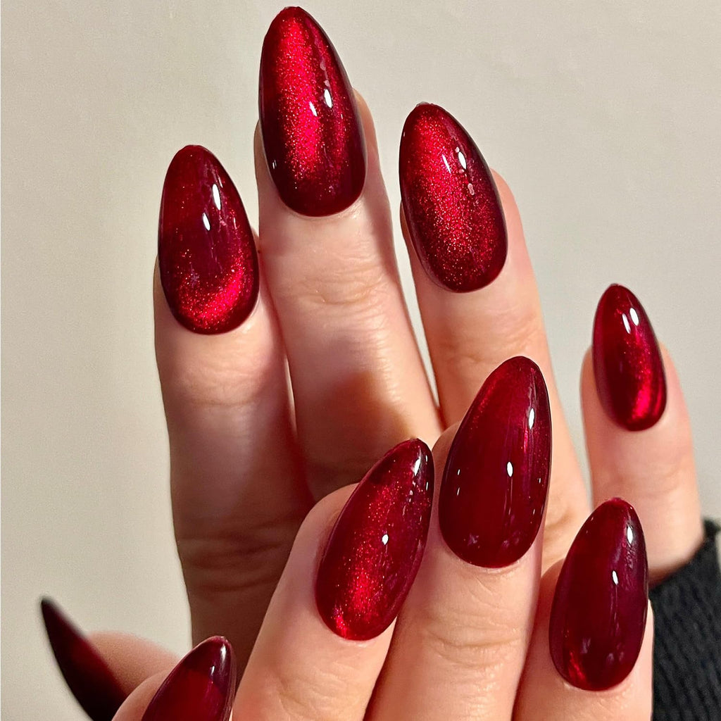 GLAMERMAID Red Magnet Cat Eyes Press-On Nails – Aurora Gel Kit, Short Almond