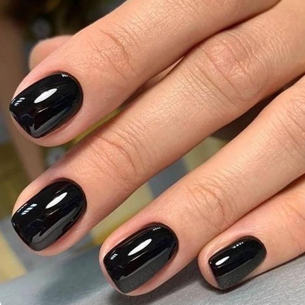GLAMERMAID Extra Short Press On Nails – Gothic Black, Glossy UV Gel Finish, Reusable Full Cover Kit