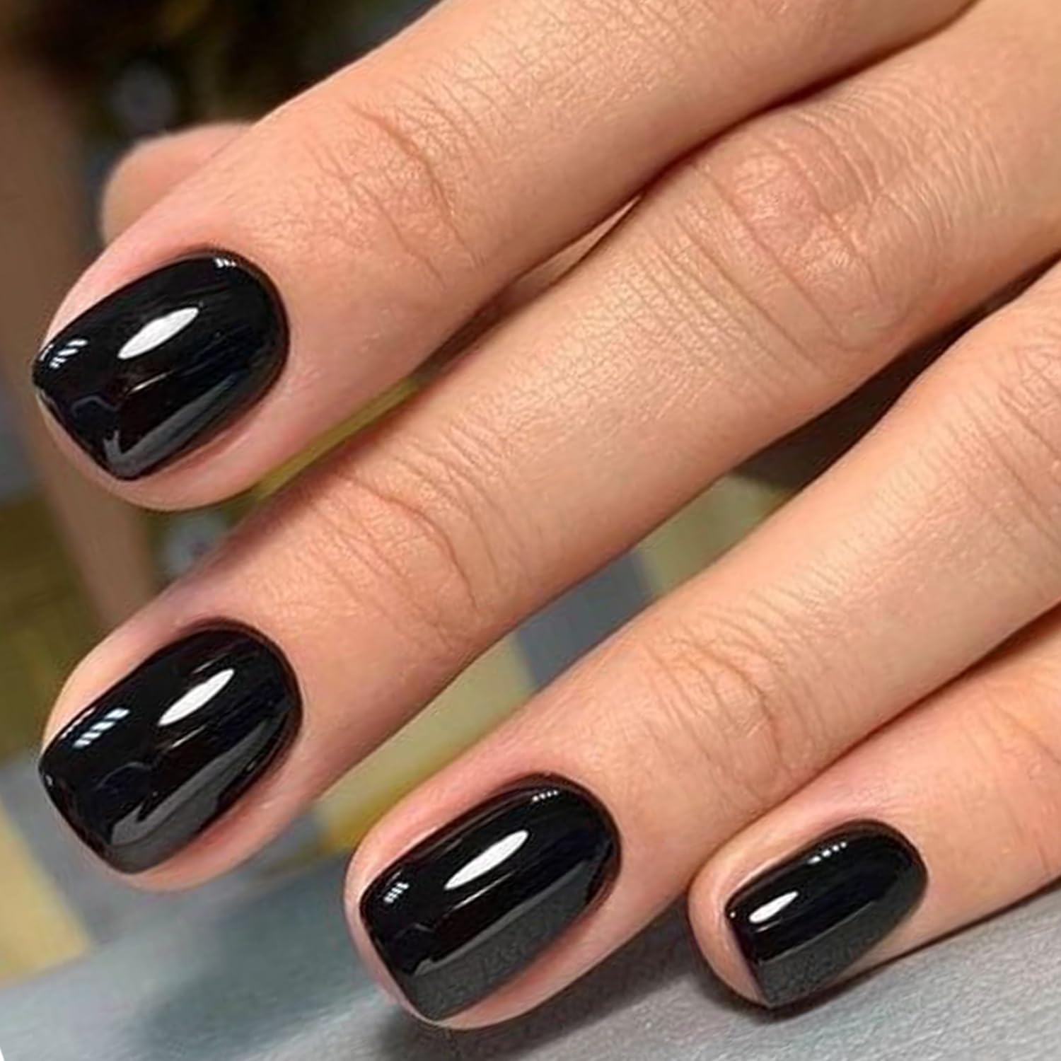 GLAMERMAID Extra Short Press On Nails – Gothic Black, Glossy UV Gel Finish, Reusable Full Cover Kit