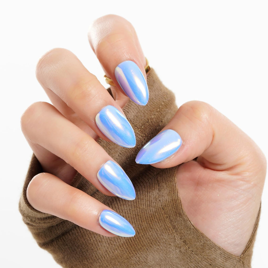 GLAMERMAID Light Blue Mirror Chrome Press-On Nails – Short Almond, Golden Donut Glazed Handmade Jelly Gel Kit