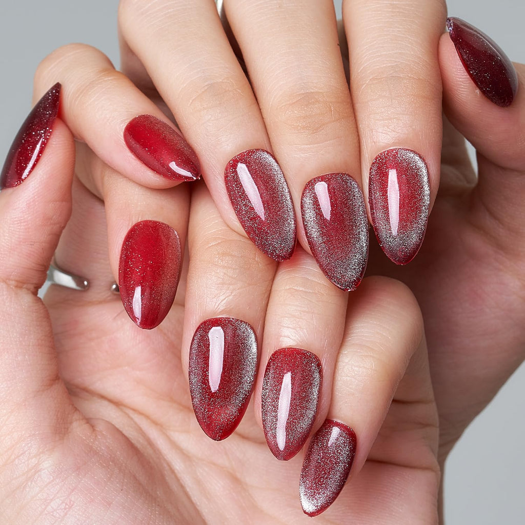 GLAMERMAID Red Magnet Cat Eyes Press-On Nails – Aurora Gel Kit, Short Almond