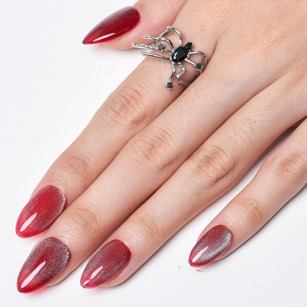 GLAMERMAID Red Magnet Cat Eyes Press-On Nails – Aurora Gel Kit, Short Almond