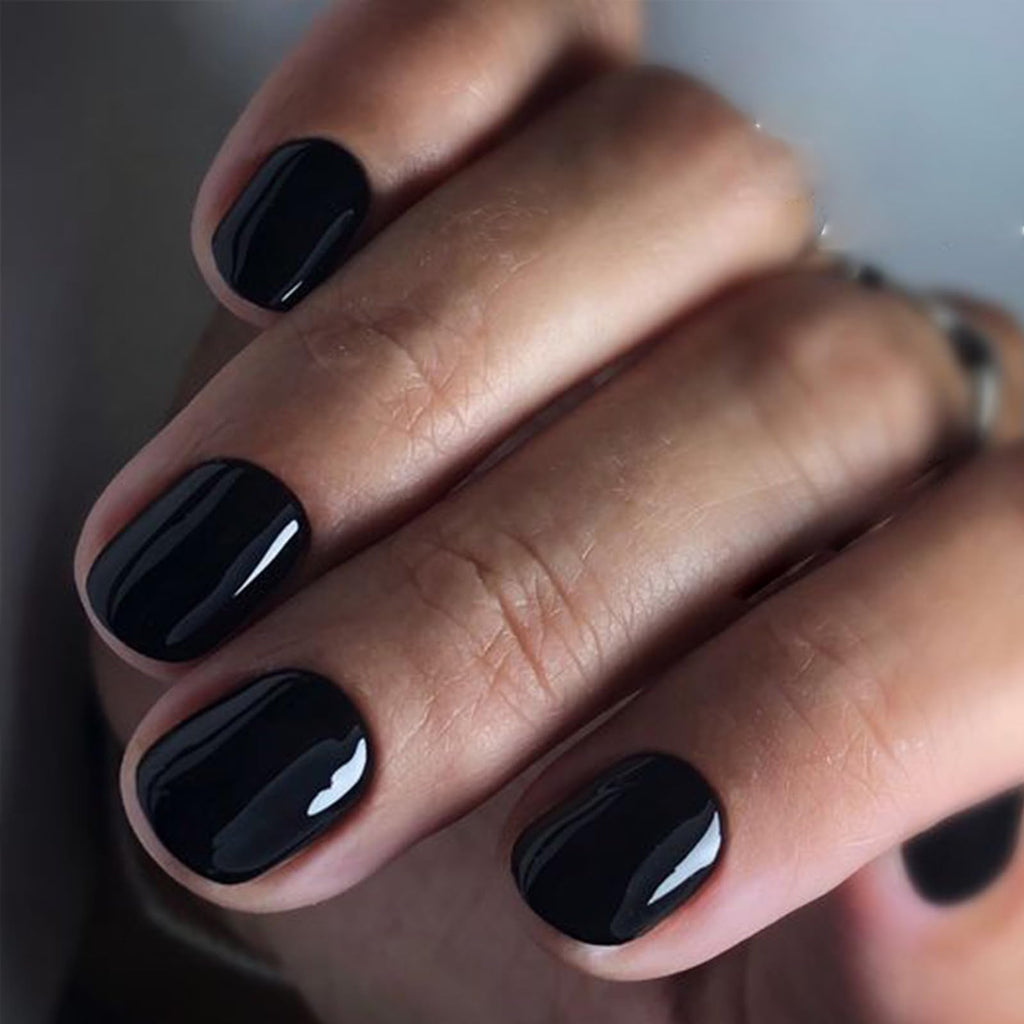 GLAMERMAID Extra Short Press On Nails – Gothic Black, Glossy UV Gel Finish, Reusable Full Cover Kit