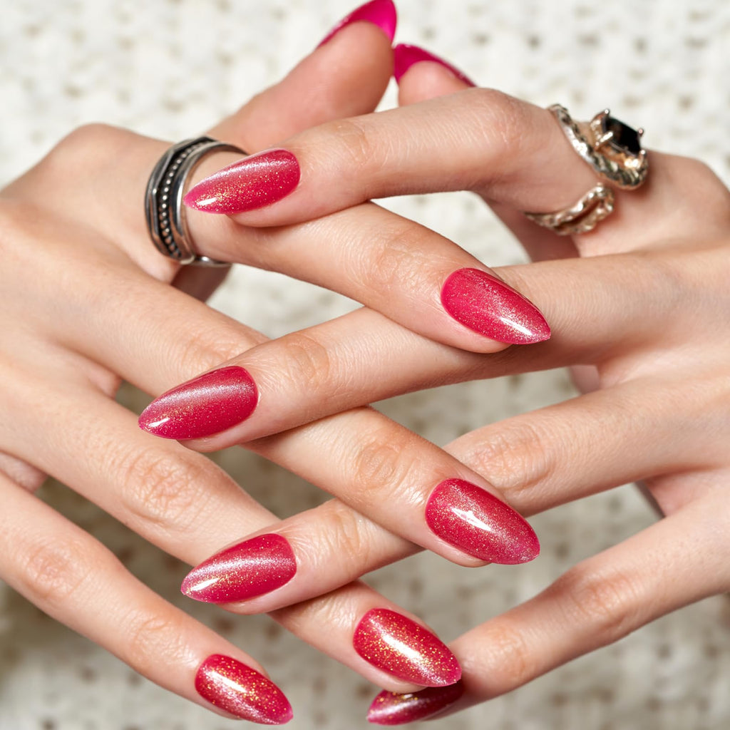 GLAMERMAID Hot Pink Magnet Cat Eyes Press-On Nails – Short Almond, Handmade Glitter Gel Kit