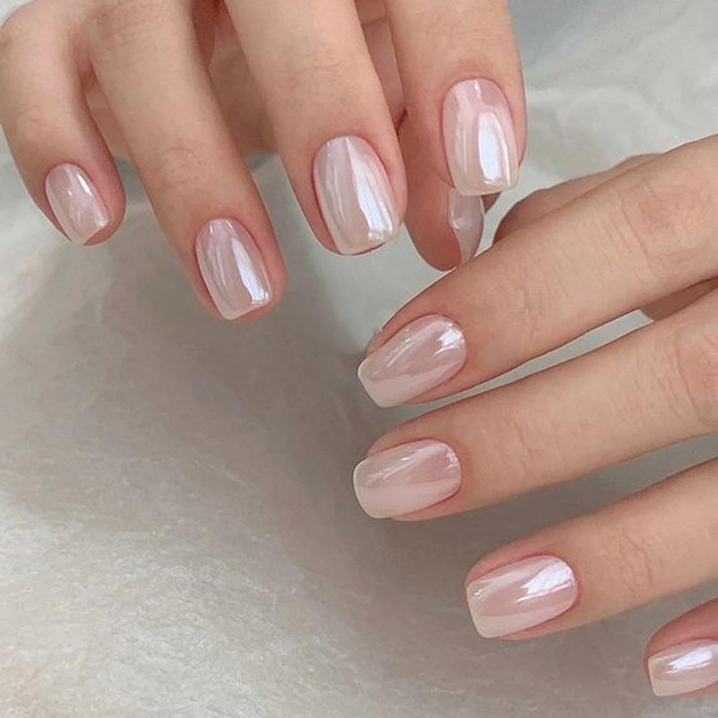GLAMERMAID Pure White Pearl Chrome Extra Short Press-On Nails | Glazed Handmade Gel Finish