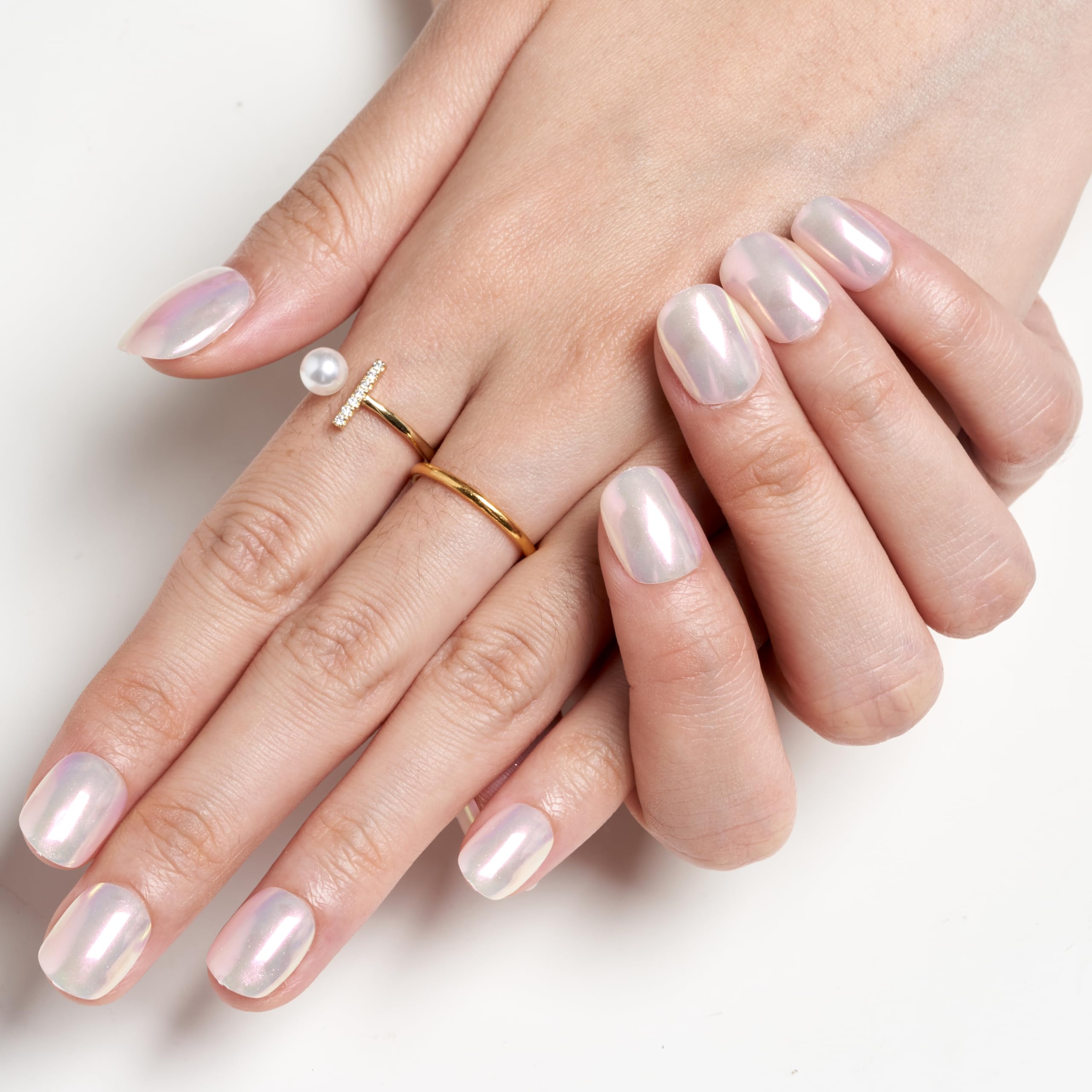 GLAMERMAID Pure White Pearl Chrome Extra Short Press-On Nails | Glazed Handmade Gel Finish