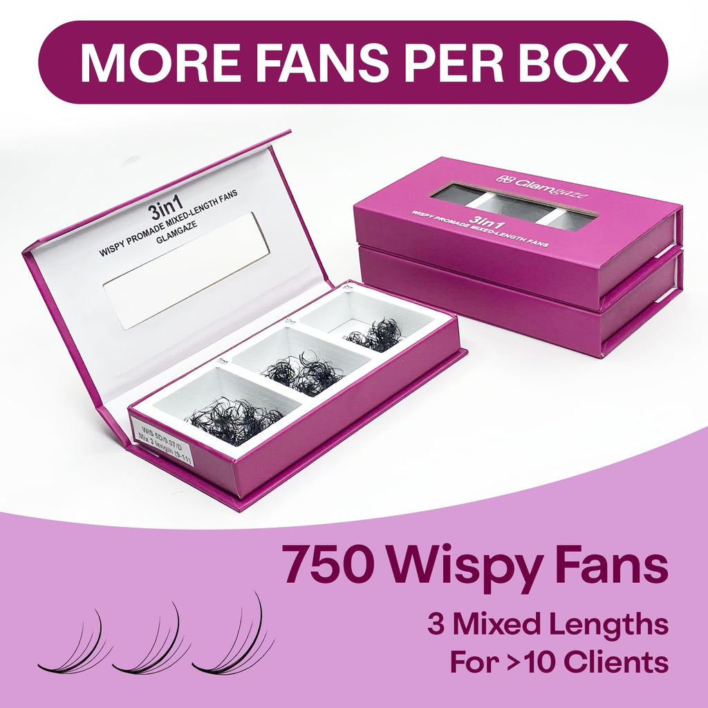Glamgaze 750 Wispy Promade Fans – 5D/7D/9D, C-D-CC Curl, 0.05-0.07mm