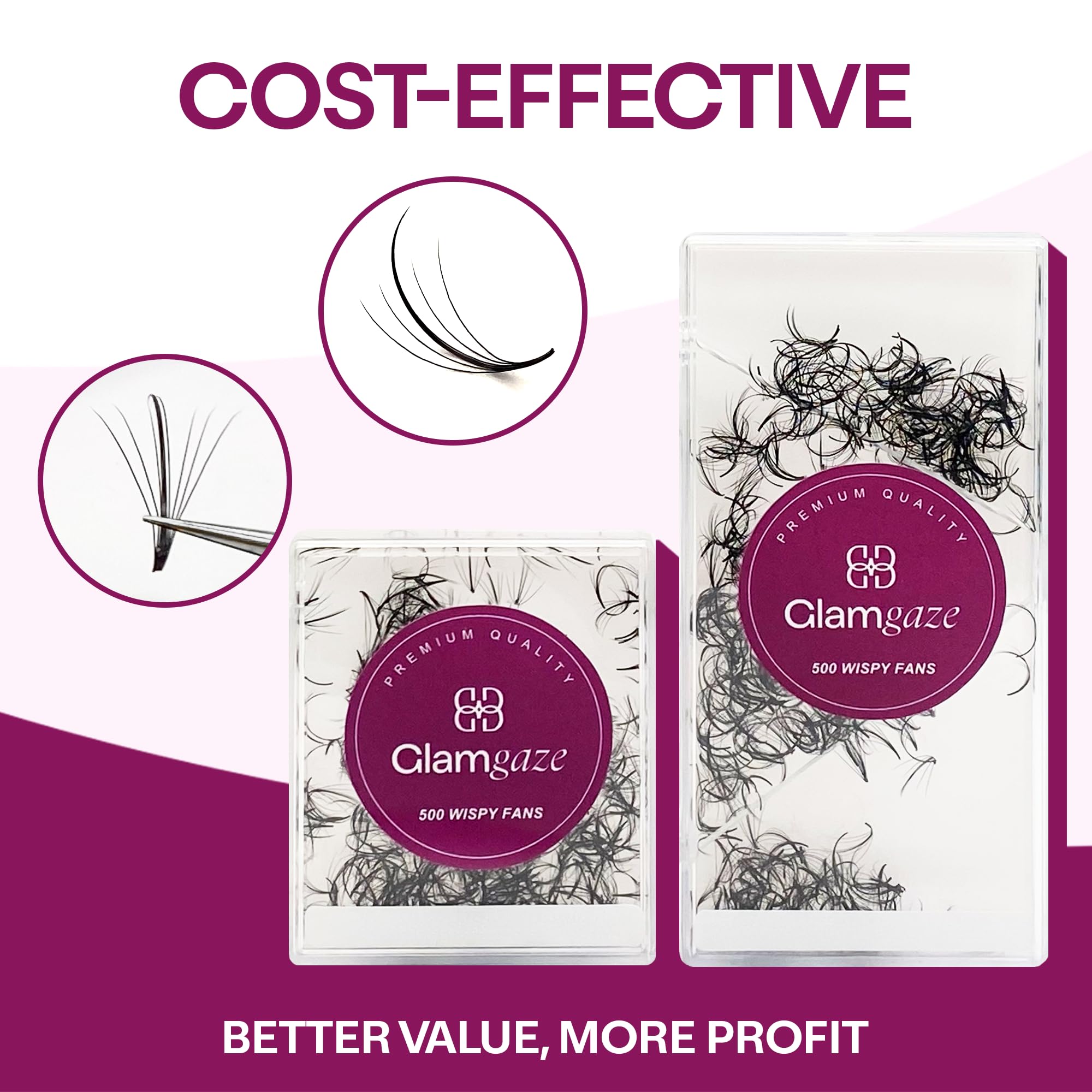 Glamgaze 500 Wispy Promade Fans – 5D-9D, C/CC/D Curl, 0.05–0.07mm, 9–16mm | Premade Lash Extensions