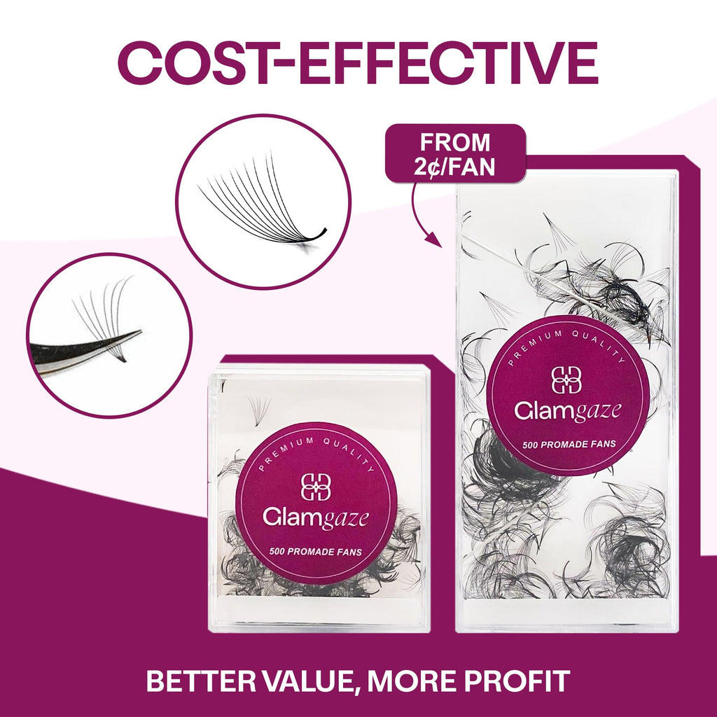 GLAMGAZE 500 Promade Fans – Premium Premade Lash Fans for Volume Lashes (3D–16D, CC/DC Curl, 0.05–0.07mm, 8–17mm)