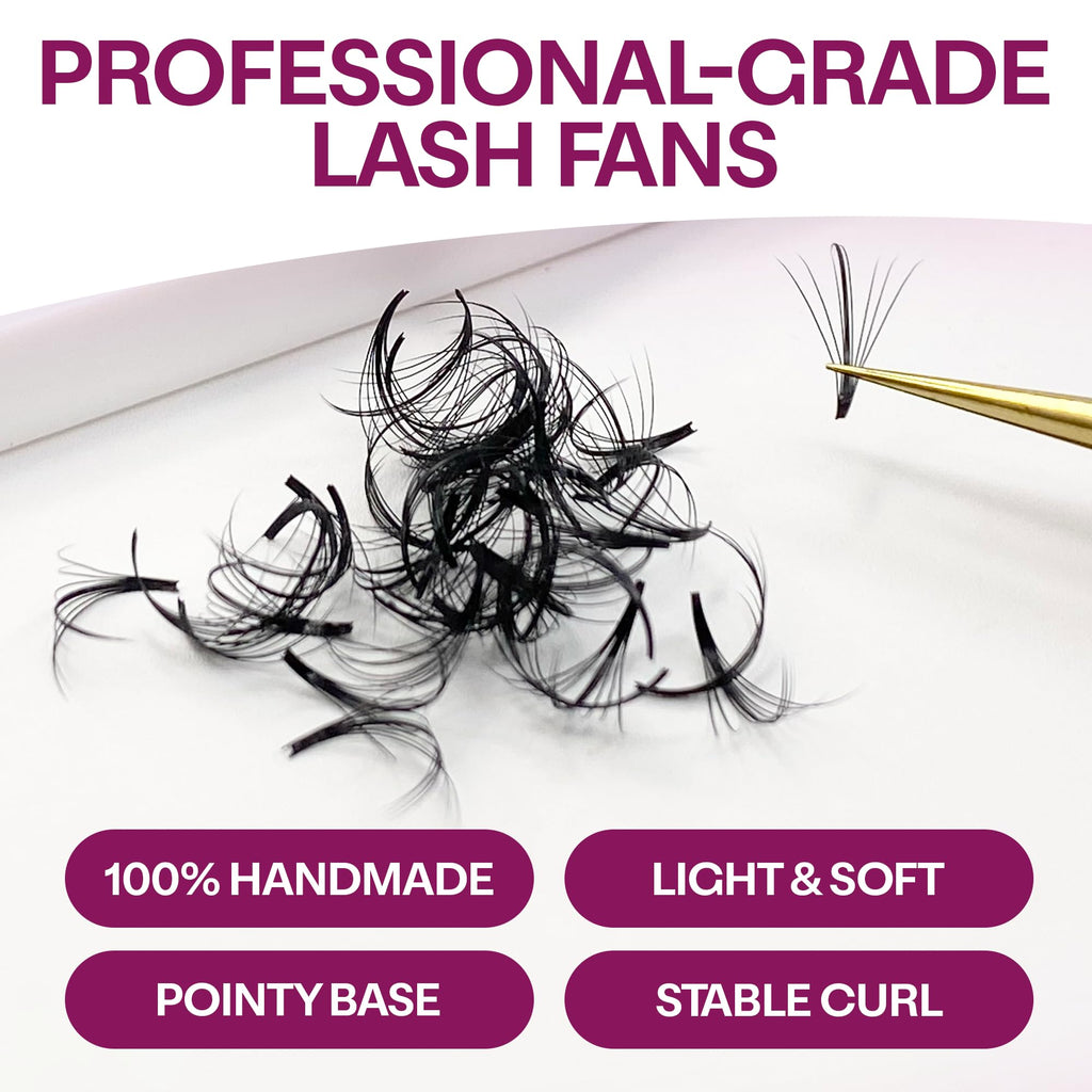 Glamgaze 500 Wispy Promade Fans – 5D-9D, C/CC/D Curl, 0.05–0.07mm, 9–16mm | Premade Lash Extensions