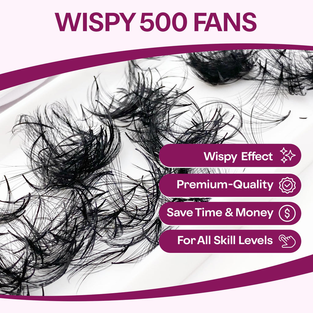 Glamgaze 500 Wispy Promade Fans – 5D-9D, C/CC/D Curl, 0.05–0.07mm, 9–16mm | Premade Lash Extensions